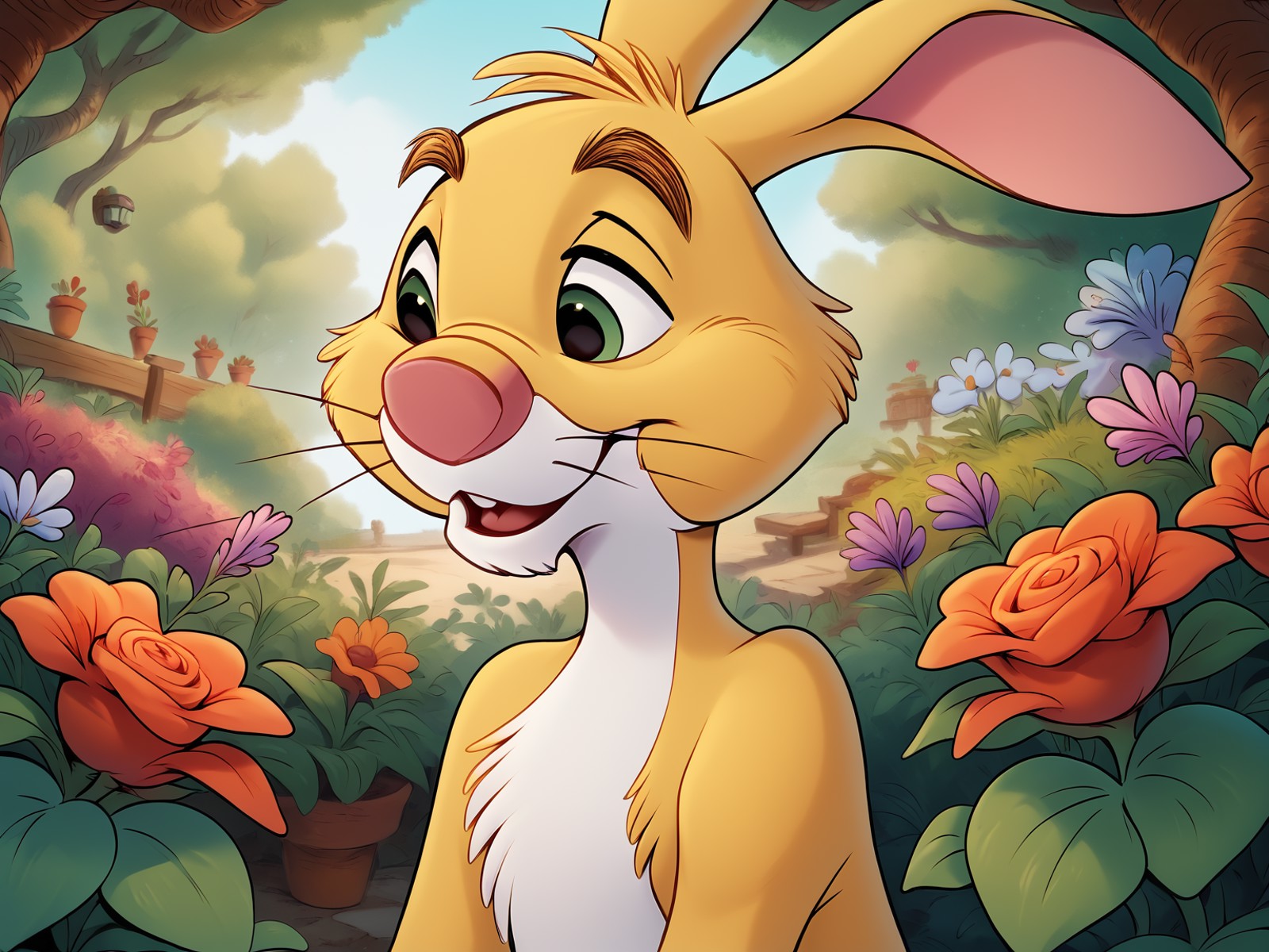 <lora:Rabbit_Pooh:1> rabbitpooh, PonyXLV6_Scores, 1boy, rabbit in his garden, medium shot, cartoon, cute